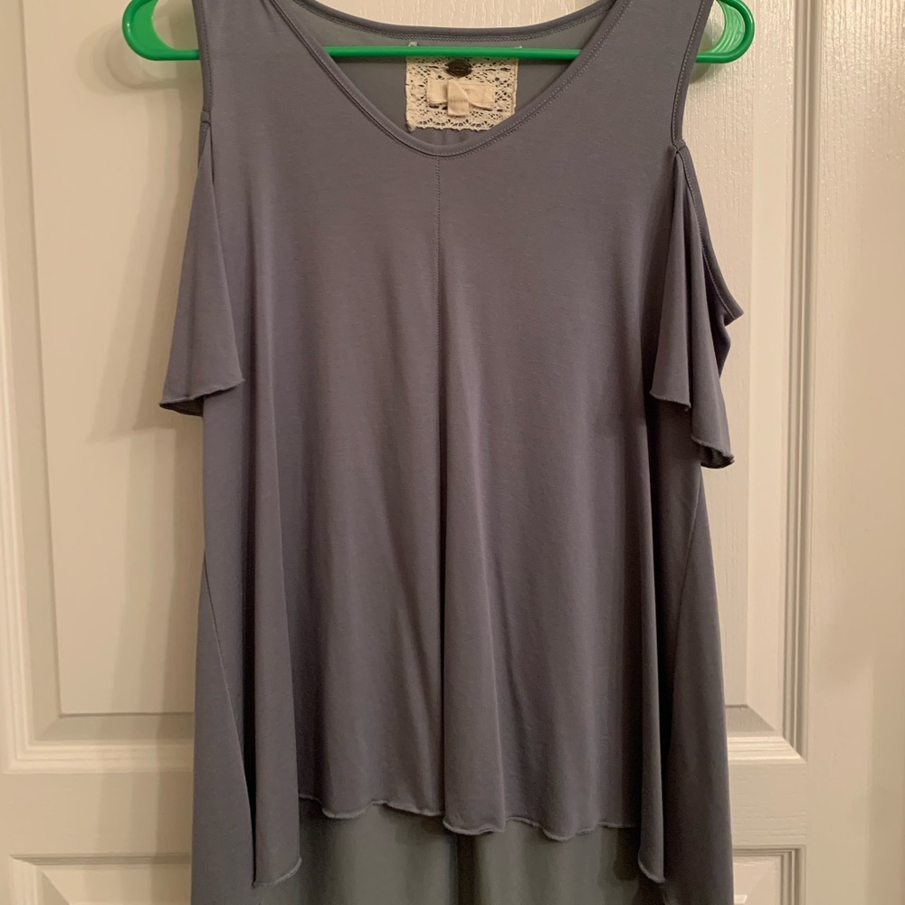 blue/grey off shoulder top